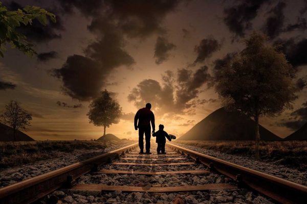 father and son, walking, railway, railroad, gravel, silhouettes, sunset, family, dusk, twilight, walking together, parent, fatherhood, parenthood, nature, love, child, joy, childhood, father, boy, kid, together, railroad tracks, adventure